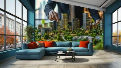 Close-up of a businessman's hand pointing at a model city with tall skyscrapers and lush greenery. Wall mural