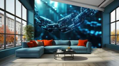 Close-up of a futuristic blue chain with glowing digital code. Wall mural