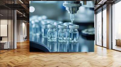 Close-up of a pharmaceutical filling machine dispensing liquid into glass vials. Wall mural