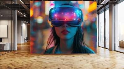 Close-up of a woman wearing VR goggles in a neon-lit city. Wall mural