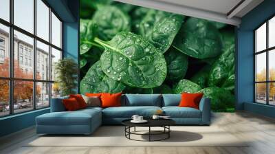 Close-up of fresh, dewy spinach leaves in a bunch Wall mural