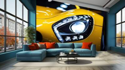 Closeup of a yellow car's headlight with a bright beam of light. Wall mural