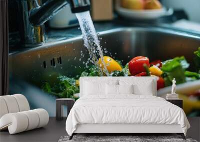 Closeup of water running from a kitchen faucet over fresh vegetables in a stainless steel sink. Wall mural