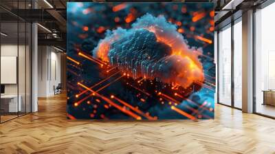 Cloud computing concept with glowing lines and a cloud shape. Wall mural