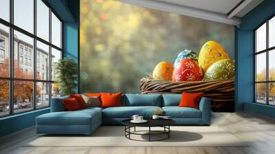 colorful easter eggs in basket . With copy space Wall mural