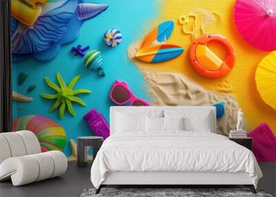 Colorful summer beach essentials on blue and yellow background. Wall mural