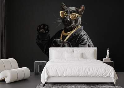 Cool black cat with gold chain and glasses posing on dark background. Wall mural