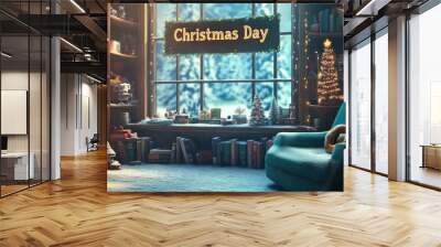 Cozy Christmas living room with a window overlooking a snowy winter scene, a lit Christmas tree, a blue armchair, and a sign that says 