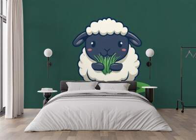 Cute cartoon black sheep holding grass in its paws on a green background. Wall mural