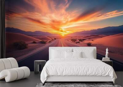 Empty Road Through Desert Dunes with Dramatic Sunset Sky. Wall mural