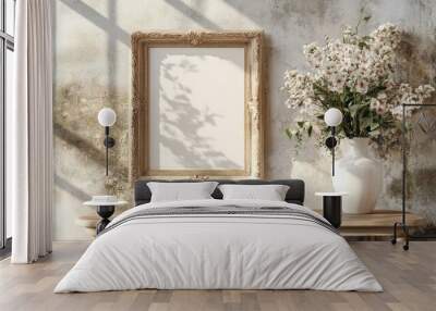 Empty wooden tabletop with white flowers in a vase, an ornate frame and a textured wall behind it. Wall mural