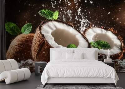 Fresh coconuts with mint leaves and water splashes. Wall mural