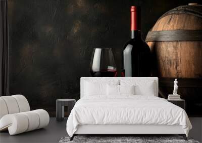 Glass of red wine, bottle, and wooden barrel on rustic background. Wall mural