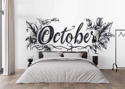 Hand drawn October lettering with floral embellishments. Wall mural