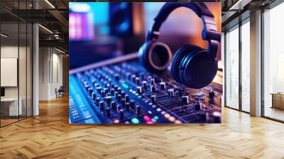 Headphones resting on a sound mixing console with blurred background. Wall mural