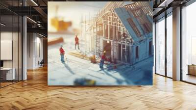 Miniature construction scene with workers building a house on blueprints. Wall mural