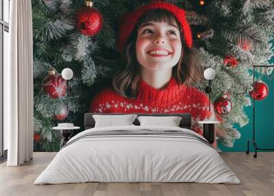 minimal concept of a hipster woman kid smile wearing christmas clothes photographed Wall mural