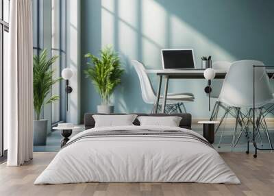 Minimalist workspace with a laptop on a white table, two white chairs and potted plants in a room with a large window. Wall mural