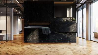 Modern black marble bathroom with a freestanding bathtub, a vanity with a mirror and a plant. Wall mural