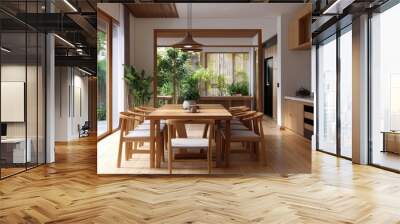 Modern dining room with wooden furniture, a large window, and a view of a lush garden. Wall mural