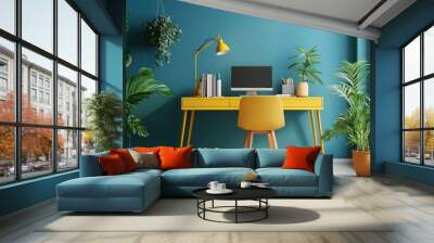 Modern home office with yellow desk, chair and lamp, teal wall and plants. Wall mural