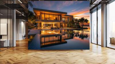 Modern house with infinity pool and palm trees reflecting in the water at sunset. Wall mural