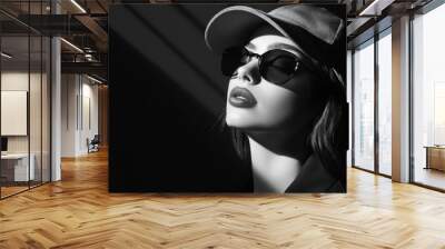 Portrait of a young woman in a cap and sunglasses, black and white. Wall mural