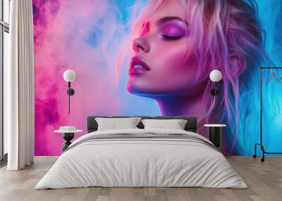 Portrait of a young woman with pink eyeshadow and glossy lips, bathed in pink and blue neon lights and smoke. Wall mural