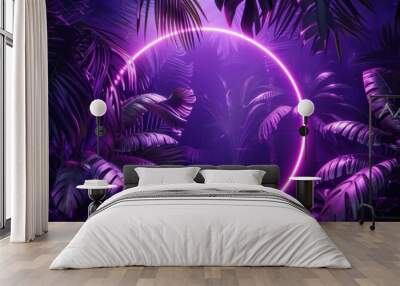 Purple neon light glows through tropical leaves. Wall mural