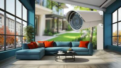 Security camera mounted on a white wall with blurred background of a house and garden. Wall mural