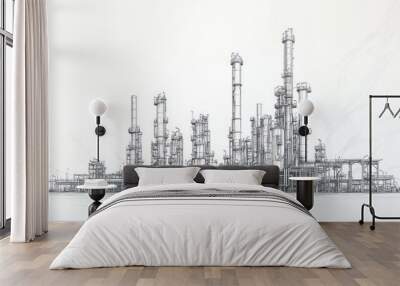 Sketch of industrial factory with tall towers and piping. Wall mural