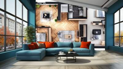 Top-down view of a modern apartment interior with hardwood floors, a living room, two bedrooms, a bathroom, and a kitchen. Wall mural