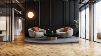 Two  armchairs with orange pillows are placed around a round coffee table in a modern living room with black walls. Wall mural