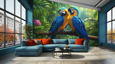 Two blue and yellow macaws perched on a branch in a lush tropical jungle. Wall mural