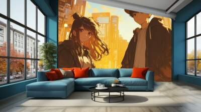 Two characters stand in a vibrant cityscape during sunset, exuding a sense of adventure. Wall mural