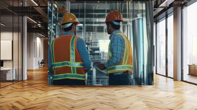 Two construction workers in hardhats and safety vests stand in a factory with large steel tanks in the background. Wall mural