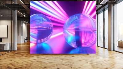 Two glass orbs reflecting neon light in a dark studio. Wall mural