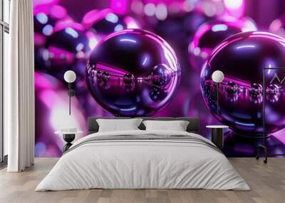 Two shiny purple spheres reflecting light and purple bokeh in the background. Wall mural