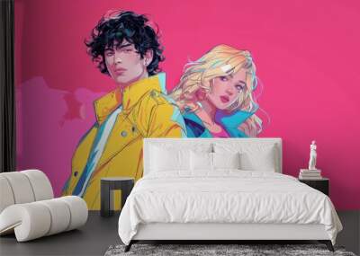 Two stylized characters stand confidently against a vibrant pink background. Wall mural