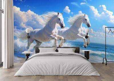 Two white horses gallop through the surf on a sunny day, creating a splash of water. Wall mural