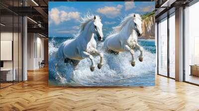 Two white horses running on the beach with blue sea and white clouds in the background. Wall mural