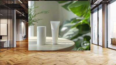 Two white tubes of cream on a wooden table with green plants behind. Wall mural