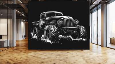 Vintage truck with large tires driving through water, isolated on black background. Wall mural