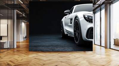 White sports car with black wheels parked on dark asphalt. Wall mural