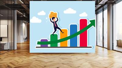 A businessman carrying a stack of coins climbs a rising graph, illustrating an increase in the company's wealth or revenue. Wall mural