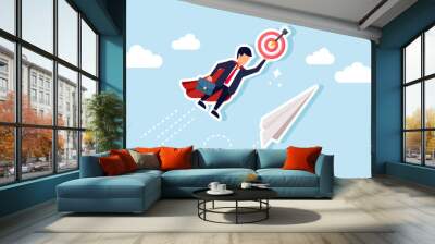 A super businessman flying in the sky with a paper airplane carrying a target board, illustration of best employees try to elevate company performance business targets Wall mural