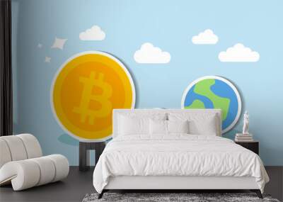 Cryptocurrency faces sustainability issue bitcoin and crypto mining consume non environmentally friendly energy concept, Big bitcoin with electric plug sucking energy from planet earth. Wall mural