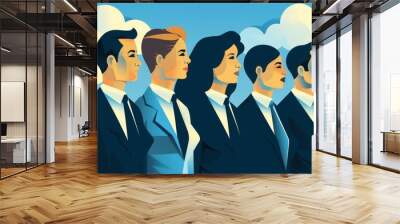 A group of business professionals in formal suits standing together and engaged in a discussion or presentation about corporate strategy leadership and organizational goals Wall mural