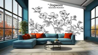 Sketch Floral decorative set. dogwood flower drawings. Black line art isolated on white backgrounds. Hand Drawn Botanical Illustrations. Elements vector. Wall mural