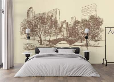 Sketch of a city with skyscrapers, trees and bridge, New York, Central Park, hand-drawn.	
 Wall mural